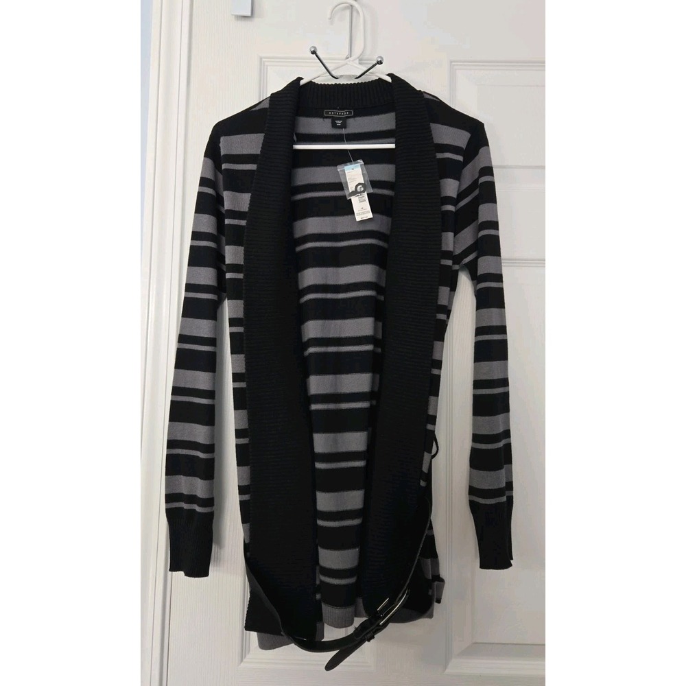 Metaphor Woman's Knit Cardigan Sweater XL Black/Gray Striped V-Neck Open Front